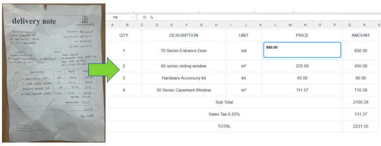 Handwritten crumpled delivery note JPG converted to a digital Excel spreadsheet via AI OCR.