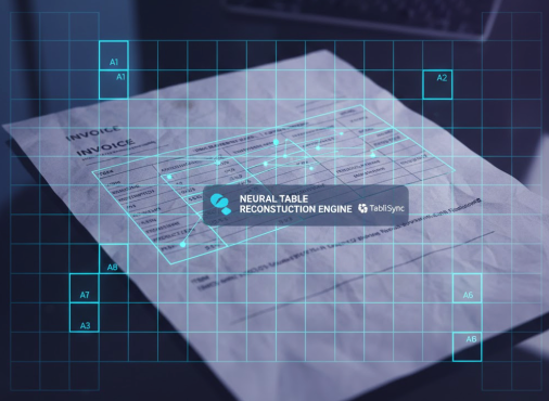 AI-powered document processing: TabliSync Neural Table Reconstruction Engine analyzing an invoice for automated data extraction and OCR.