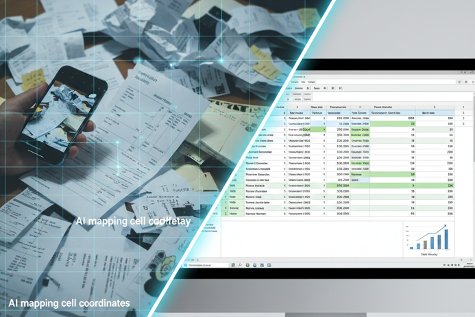 A split-screen comparison showing a mobile phone capturing messy physical receipts with AI mapping cell coordinates, transforming them into a structured Excel spreadsheet and data chart on a desktop monitor.