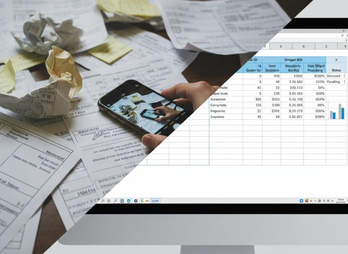 A conceptual image showing the transformation of physical document clutter into a clean digital Excel dashboard, illustrating AI's role in streamlining supply chain and financial data workflows.