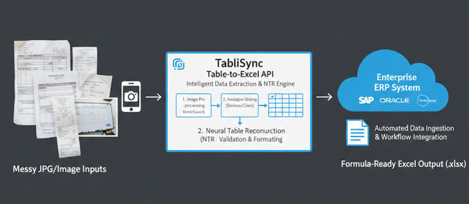 A technical flowchart titled "The Table to Excel API." It visualizes the automated pipeline from messy JPG inputs to the TabliSync API (using Neural Table Reconstruction) and finally into Enterprise ERP systems like SAP and Oracle as formula-ready Excel files.