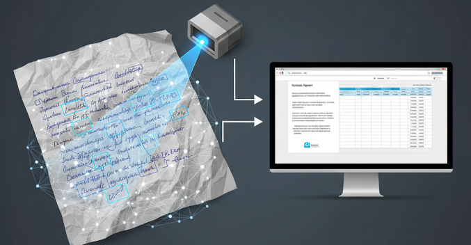 An illustration of the TabliSync Handwriting Recognition Engine. It shows a digital grid projecting onto a piece of paper with messy handwriting to segment complex strokes and correct perspective in real-time, successfully transforming the handwritten text into a structured Excel table on a computer monitor.