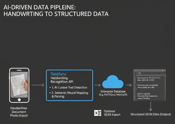 A technical diagram of an AI-driven data pipeline titled "Handwriting to Structured Data." It shows a handwritten document photo being processed through the TabliSync Handwriting Recognition API (using AI Cursive Text Detection and Semantic Neural Mapping) and outputting as structured JSON data into an enterprise database with an optional Excel export.