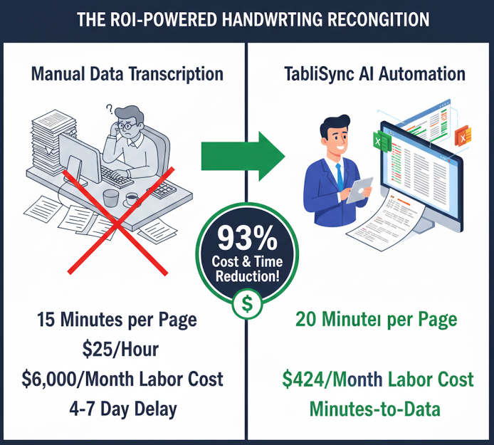 A business infographic titled "The ROI-Powered Handwriting Recognition" comparing Manual Data Transcription vs. TabliSync AI Automation. It highlights a 93% cost and time reduction, showing manual labor costs dropping from $6,000/month (with a 4-7 day delay) to just $424/month with "minutes-to-data" efficiency.
