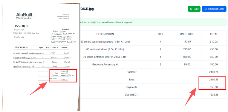 TabliSync accurately identifying corrections and margin notes in professional documents.