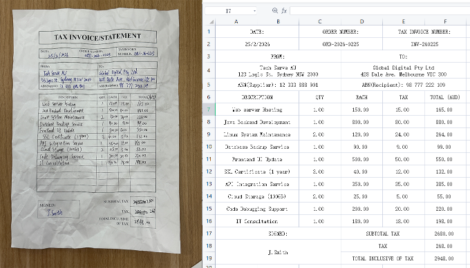 Side-by-side comparison of crumpled handwritten tax invoice and accurate Excel extraction by TabliSync