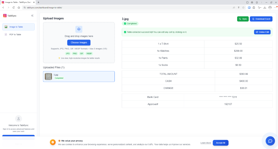 TabliSync web dashboard interface: upload receipt image, AI extracts structured table data with option to download Excel