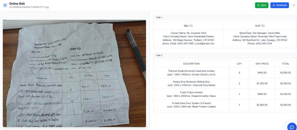 Comparison of failed standard OCR versus TabliSync's advanced image cleaning and table detection on a stained document