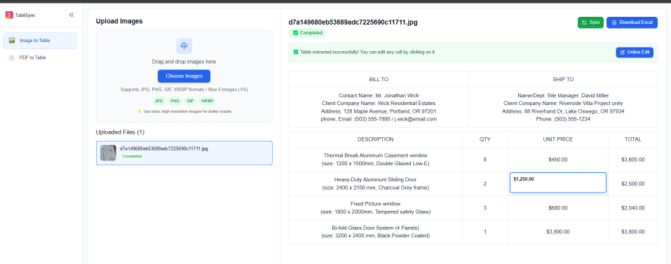 TabliSync dashboard: AI-powered image-to-Excel conversion of a residential window procurement receipt.