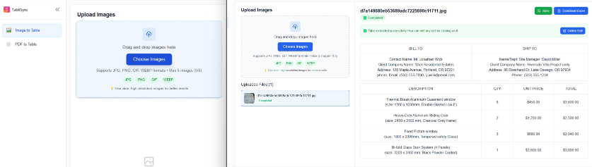 Step-by-step software interface guide for converting images to tables using TabliSync