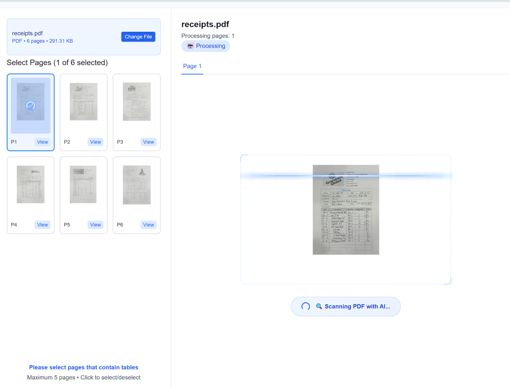 Flujo de trabajo de la interfaz de usuario paso a paso para configurar, analizar, verificar y exportar datos en TabliSync para OCR por lotes a Excel