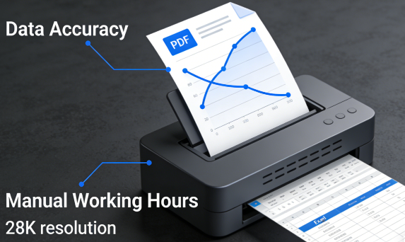TabliSync AI infographic: PDF to Excel data processing, showing rising Data Accuracy and falling Manual Working Hours trends.