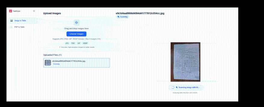 Step-by-step workflow of TabliSync AI data extraction and automated table parsing process