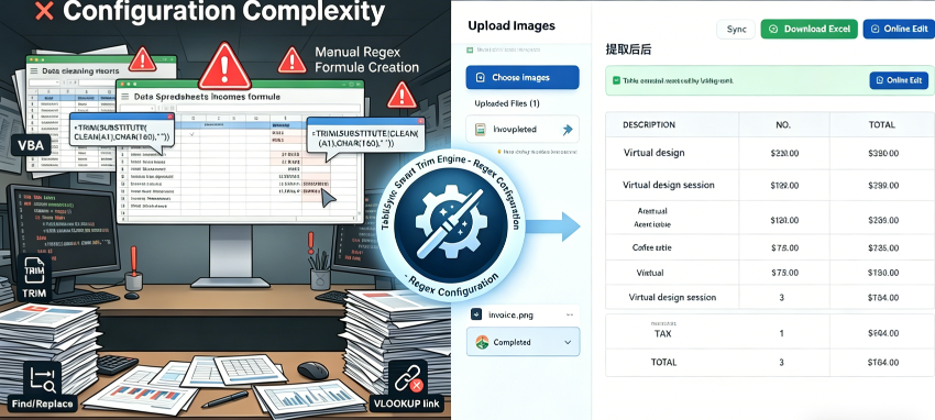 可视化从混乱的手动数据清理向 TabliSync 自动化工作流程的高效转型过程