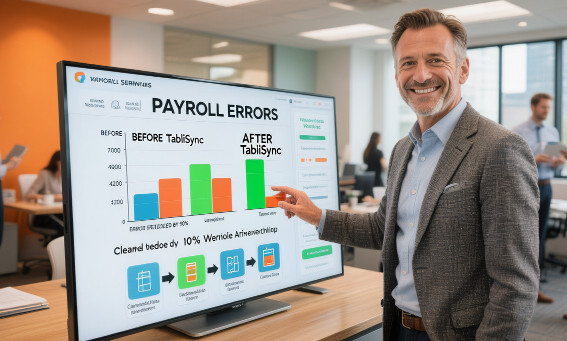 Confident HR manager presenting payroll error reduction: 90% drop after TabliSync AI data cleaning.