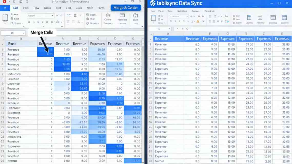 Tablisync:Comparison of messy Excel merged cell errors vs clean structured data grid