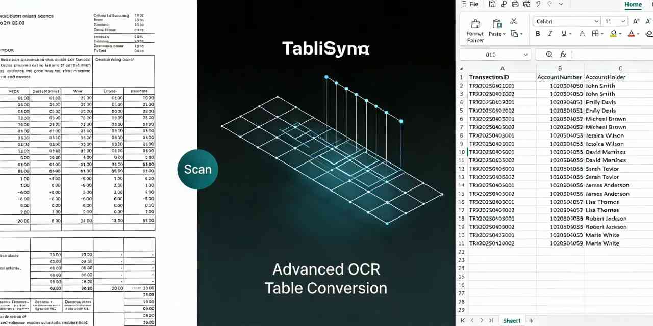 Tablisync:Infographic of OCR table conversion process from scanned document to clean Excel data.