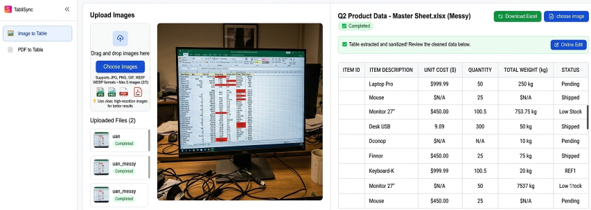 Leverage TabliSync AI for cleaning and organizing intricate, unformatted Excel spreadsheets
