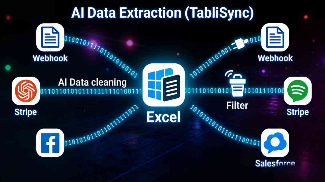 Tablisync:Diagram of Webhook integration and AI data cleaning for real-time Excel updates