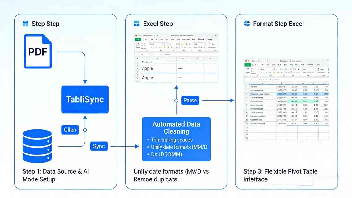 Tablisync:3-step technical workflow for automating Excel Pivot Tables using AI.