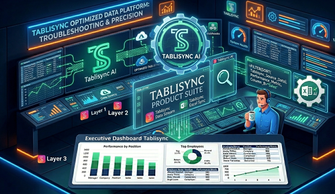 Sala de control de TabliSync: La pantalla izquierda muestra la alerta #SPILL ERROR, la pantalla derecha muestra el flujo de datos optimizado para fórmulas de matriz de Excel.