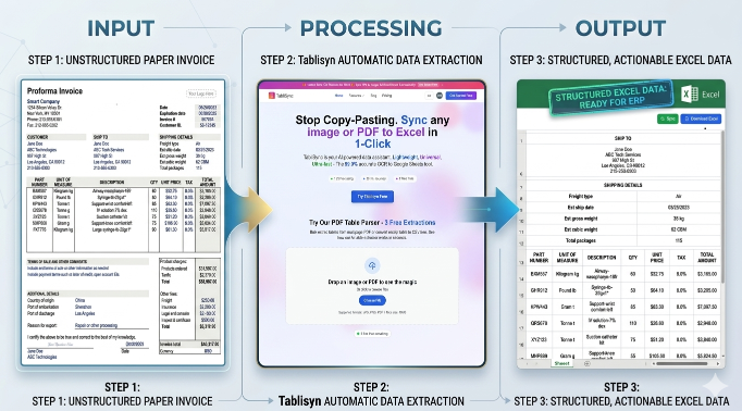 3-step workflow: Unstructured paper invoice processed by TabliSync into structured, ERP-ready Excel data.