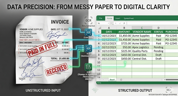 Diagram showing OCR processing of a messy paper invoice into a clean, structured Excel spreadsheet, filtering out stamps and signatures.
