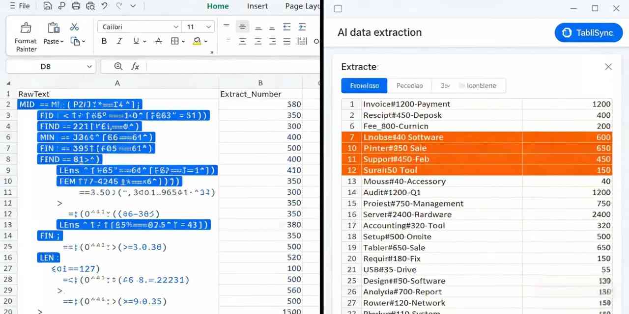 Tablisync:Comparison between complex nested Excel formulas and clean AI data extraction interface.