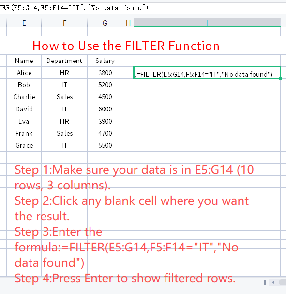 Guía paso a paso para usar la función FILTER de Excel para extraer datos de empleados del departamento de TI.