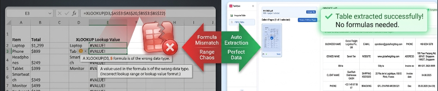 Comparison of manual Excel formula errors versus successful AI-driven table extraction with TabliSync.