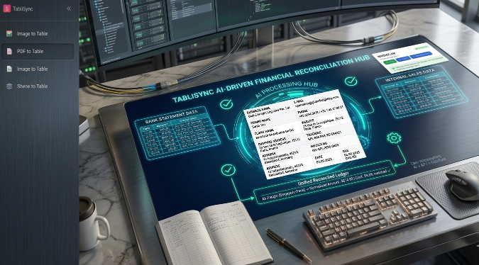 AI-powered financial reconciliation hub projected on a high-tech workspace, featuring automated data matching and normalization.