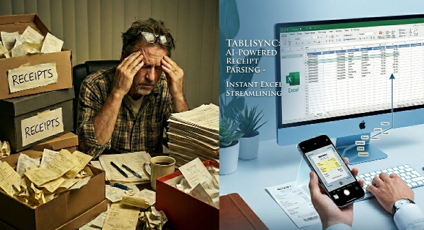 Split-screen comparison: Manual receipt chaos vs. TabliSync AI-powered receipt parsing, instantly populating your Business Expense Tracker Excel for automated, error-free expense management.