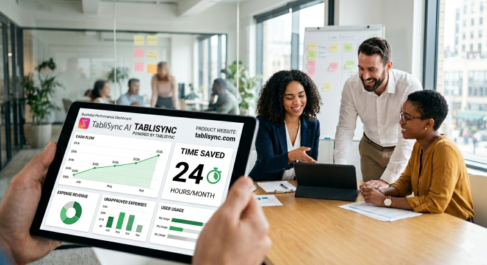 TabliSync AI business dashboard showing time saved and cash flow growth, streamlining Business Expense Tracker Excel management for teams.