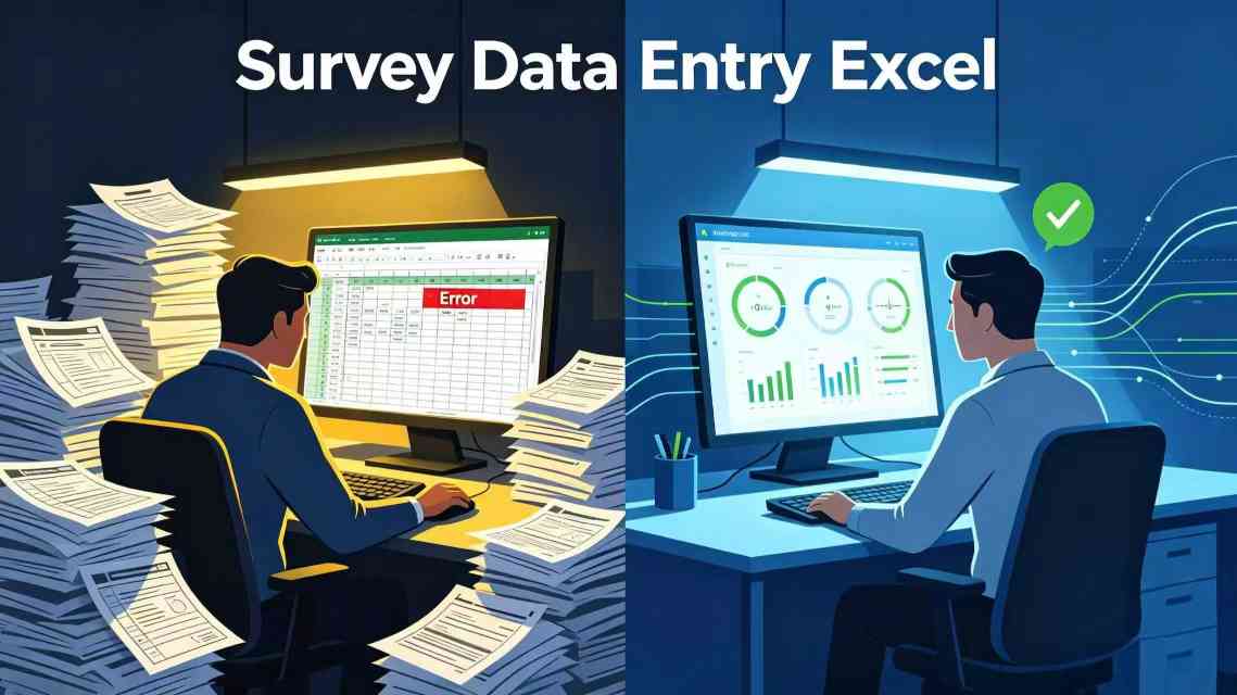 Tablisync:Graphic showing the contrast between the stress of manual survey data entry and the efficiency of automated systems.