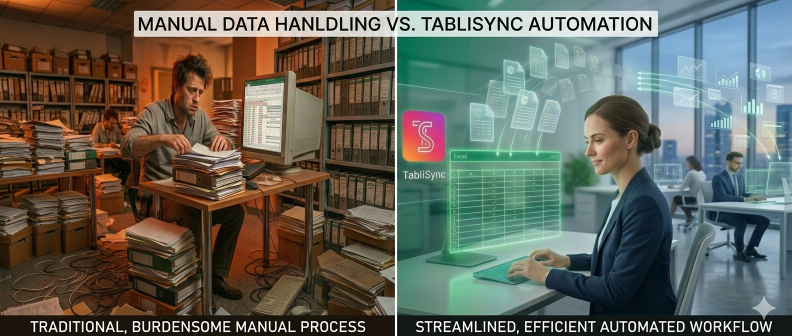 Sales Analysis Excel: TabliSync automates data entry vs. manual spreadsheet work, streamlining workflows.
