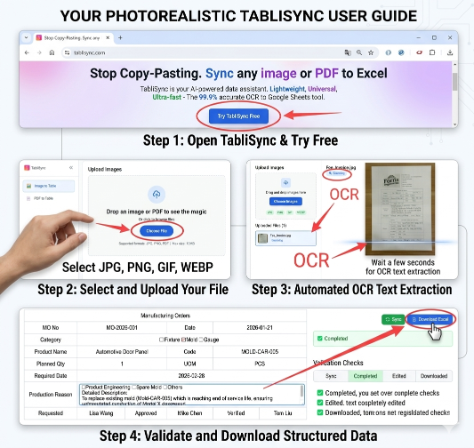 Sales Analysis Excel: TabliSync step-by-step guide to convert images/PDFs to Excel with AI OCR.