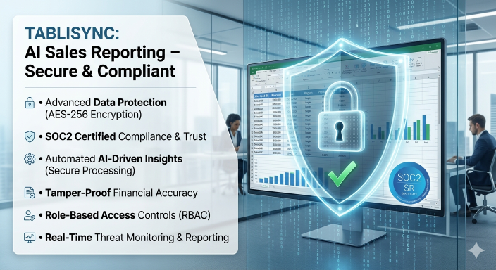 Sales Analysis Excel: TabliSync secure AI sales reporting with AES-256 encryption, SOC2 compliance, and data protection.