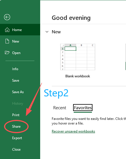 Étape 2 : Sélectionnez l'option Partager dans le menu Fichier d'Excel pour la synchronisation Google Sheets