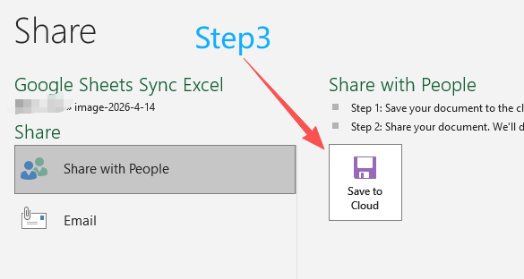 Étape 3 : Choisissez Enregistrer dans le cloud dans le menu Partager d'Excel pour synchroniser avec Google Sheets