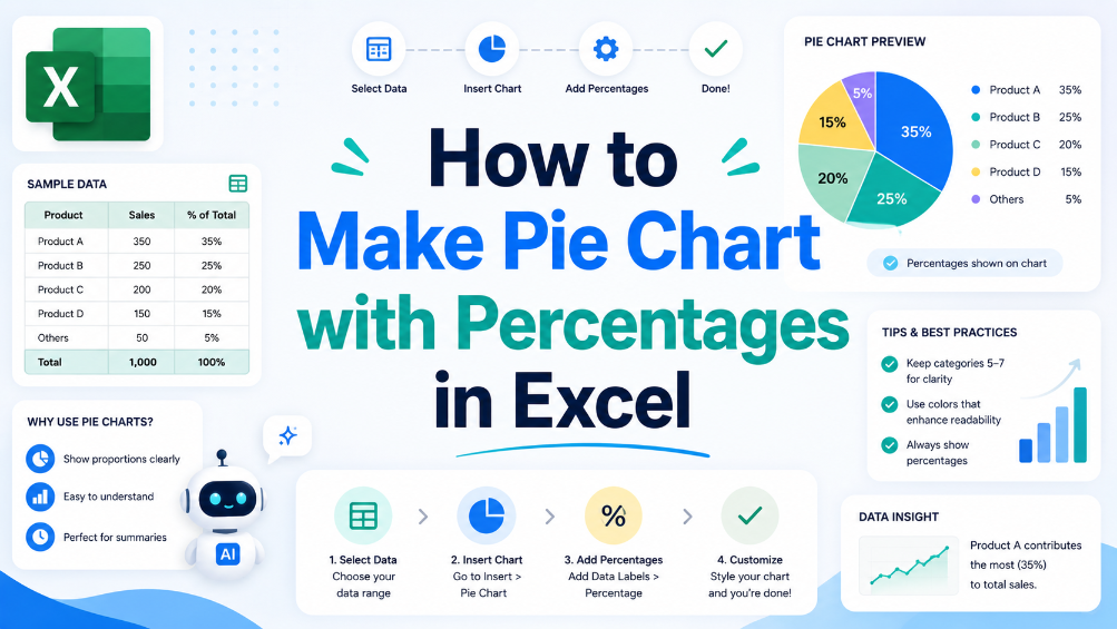 This infographic shows how to make a pie chart with percentages in Excel, including step-by-step instructions, sample data, a pie chart preview, tips for best practices, and key reasons to use pie charts.