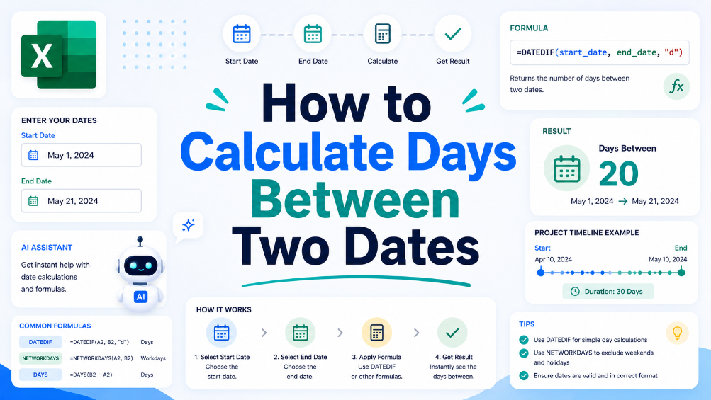 Infographic explaining how to calculate the number of days between two dates in Microsoft Excel, featuring the DATEDIF formula example =DATEDIF(start_date, end_date, "d"), sample dates May 1, 2024 to May 21, 2024 with a result of 20 days, breakdown of calculation steps, common Excel date formulas (DATEDIF, NETWORKDAYS, DAYS), a project timeline demo, helpful usage tips, Excel icon, and an AI assistant robot graphic on a light blue modern UI layout